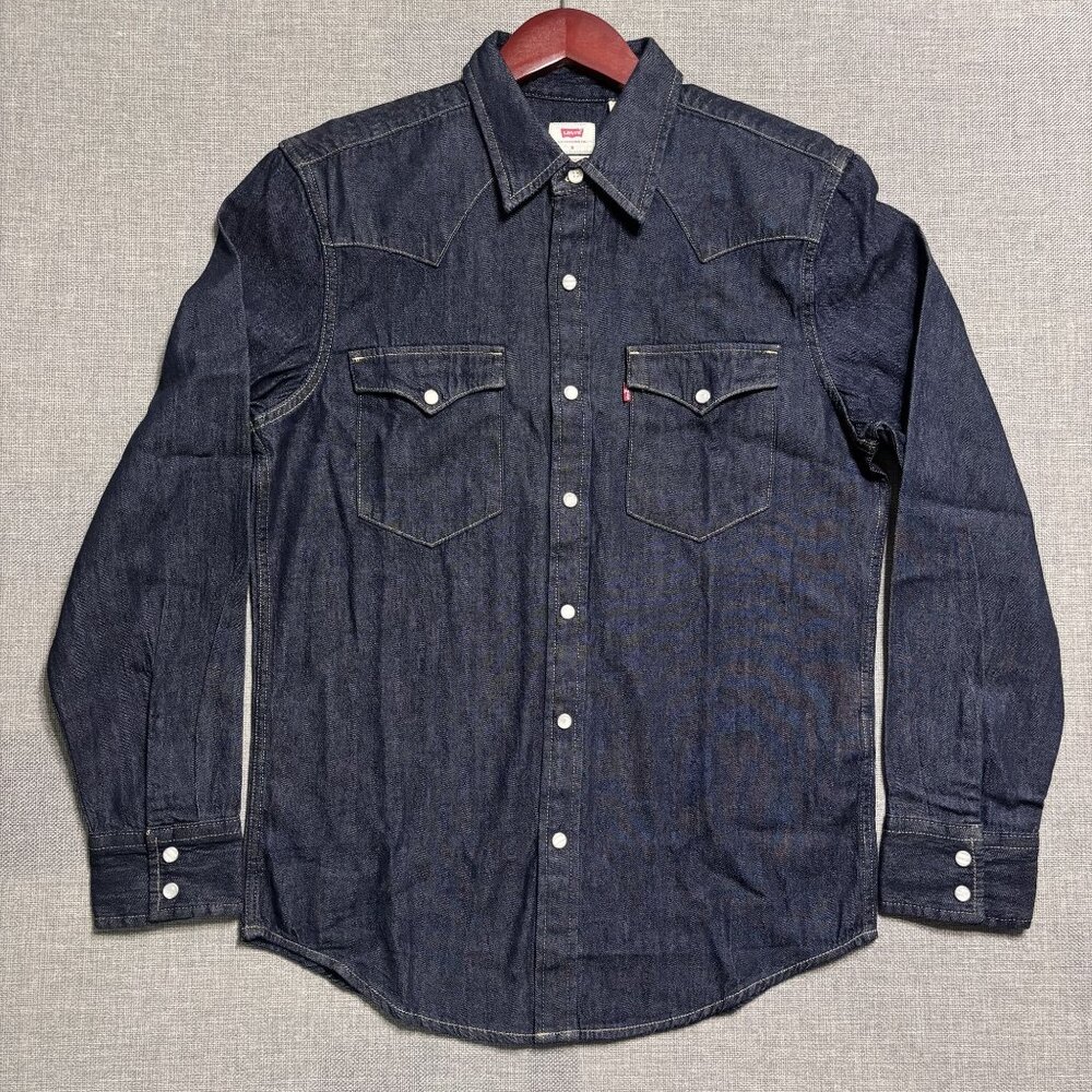 Levis Mens Western Standard Fit Denim Shirt Snap Button Closure Navy Blue Small